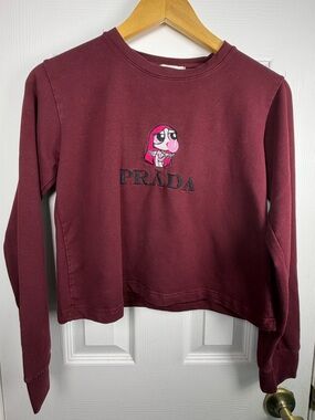 L.Lady Burgundy Cropped Sweatshirt L Embroidered Graphic Crewneck Y2K Streetwear